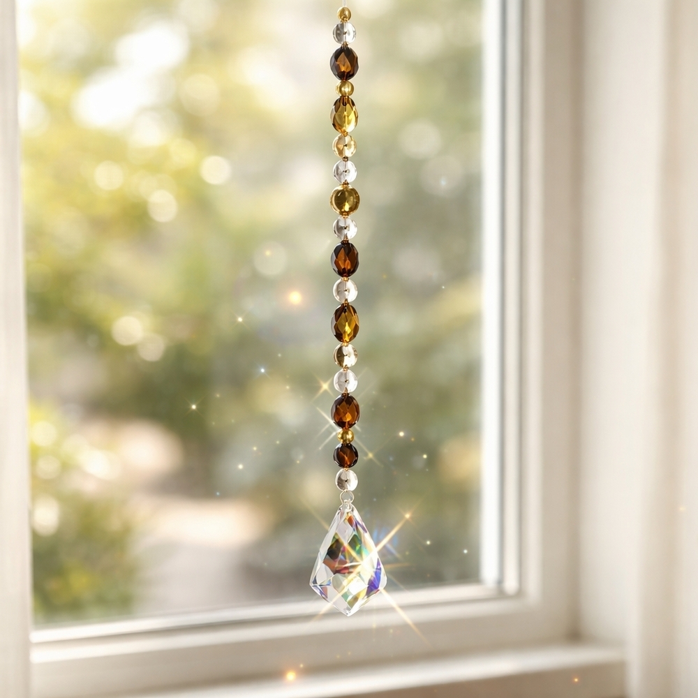 Crystal Sun Catcher with Brown, Pearl, and Clear Beads